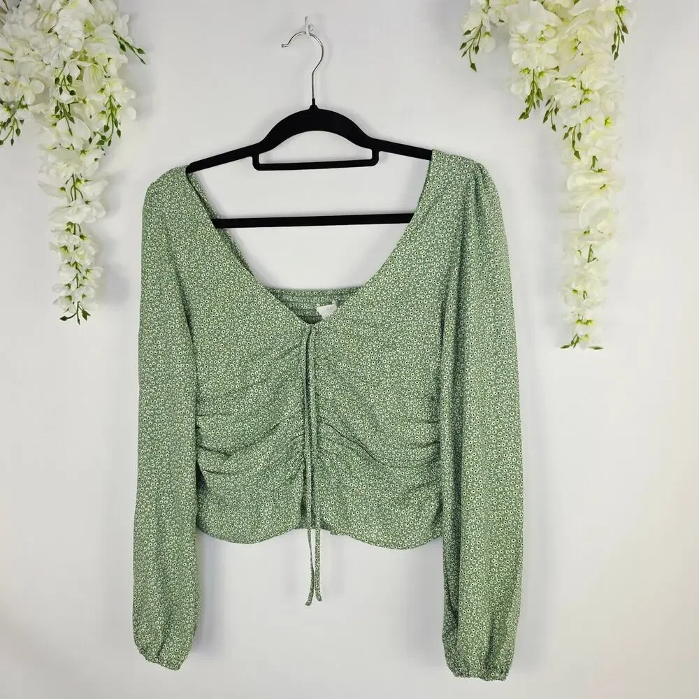 H&M Crop Top Medium Green Floral Ruched Tie Fairy Smocked Cottagecore Boho